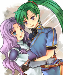  2girls armor belt blue_eyes commentary_request earrings ferroniere fingerless_gloves fire_emblem fire_emblem:_the_blazing_blade florina_(fire_emblem) gloves green_hair hair_tubes hug jewelry kariu long_hair lyn_(fire_emblem) multiple_girls open_mouth partial_commentary photoshop_(medium) ponytail purple_eyes purple_hair shoulder_pads wavy_hair 