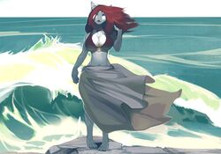  absurd_res anthro aysu_(midnightsonata) barefoot big_breasts bikini biped black_lips blue_eyes breasts cleavage clothed clothing feet female fish grey_body grey_skin ground_shark hair hi_res leopard_shark lips looking_at_viewer lost-paw marine midriff navel non-mammal_breasts outside red_hair rock rocky_shore sea shark solo swimwear triakid under_boob water wave white_body white_skin wide_hips 