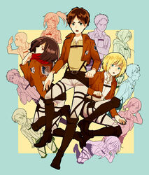  5girls 6+boys annie_leonhart armin_arlert bad_id bad_pixiv_id bertolt_hoover connie_springer emblem eren_yeager jean_kirstein krista_lenz marco_bott mikasa_ackerman military military_uniform multiple_boys multiple_girls paradis_military_uniform reiner_braun sasha_blouse shibaduke shingeki_no_kyojin short_hair survey_corps_(emblem) uniform weapon ymir_(shingeki_no_kyojin) 