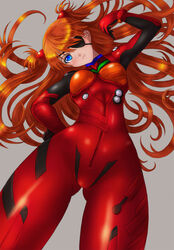  ass_visible_through_thighs blue_eyes bodysuit boken_fantasy bracer breasts breasts_apart closed_mouth commentary cowboy_shot crotch evangelion:_3.0_you_can_(not)_redo expressionless eyepatch female floating_hair from_below gloves grey_background hair_over_one_eye hand_on_own_hip hand_up head_tilt headgear highres legs_apart long_hair looking_at_viewer medium_breasts neon_genesis_evangelion orange_hair pilot_suit plugsuit rebuild_of_evangelion simple_background solo souryuu_asuka_langley standing tape two_side_up very_long_hair 