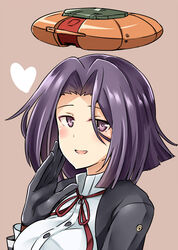  alternate_headgear asshimar black_gloves blush breasts buttons commentary_request female gloves gundam hair_intakes hand_on_own_face heart highres kamelie kantai_collection large_breasts long_sleeves looking_at_viewer one-hour_drawing_challenge open_mouth purple_eyes purple_hair school_uniform short_hair simple_background smile solo tatsuta_(kancolle) zeta_gundam 