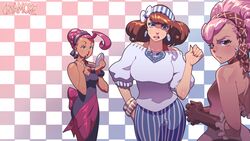  3girls ahoge applying_makeup bad_id bad_tumblr_id bangle bare_shoulders bliss_barson blue_eyes bracelet breasts brown_hair cosmetics cryamore dark-skinned_female dark_skin deseret_amoir earrings eyelashes eyeshadow fashion gloves hair_bun hairband hand_on_own_hip hoop_earrings jewelry large_breasts lipstick lipstick_tube makeup mole multiple_girls pink_eyes pink_hair puffy_sleeves purple_eyes revision robaato single_hair_bun small_breasts sorbet_la_carelle striped vertical_stripes 