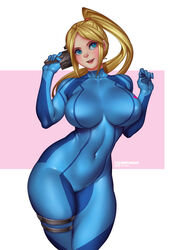  arms_up bad_source blonde_hair blue_bodysuit blue_eyes blush bodysuit bokuman breasts covered_navel covered_nipples female gun handgun high_ponytail hip_focus holding holding_gun holding_weapon large_breasts metroid narrow_waist paralyzer parted_lips photoshop_(medium) ponytail samus_aran skin_tight smile solo standing thick_thighs thighlet thighs weapon zero_suit 