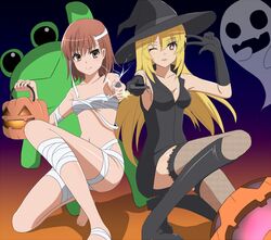  2girls arice-spead-21 bandages blonde_hair brown_eyes brown_hair coin commentary_request controller electricity frog gekota ghost gloves halloween hat jack-o&#039;-lantern long_hair misaka_mikoto multiple_girls one_eye_closed pumpkin remote_control shokuhou_misaki short_hair sparkling_eyes thighhighs toaru_kagaku_no_railgun toaru_majutsu_no_index witch_hat 