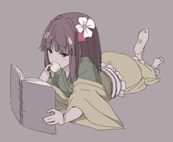  ass bad_id bad_twitter_id barefoot book eating feet female flower food hair_flower hair_ornament hieda_no_akyuu japanese_clothes kimono leg_lift leg_up lying mochi obi on_stomach oshouyu_tabetai purple_background purple_eyes purple_hair reading sash soles solo the_pose touhou wagashi 