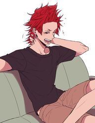  1boy boku_no_hero_academia brown_eyes commentary_request couch highres kirishima_eijirou male_focus one_eye_closed open_mouth raurii red_hair simple_background sitting solo spiked_hair teeth white_background yawning 