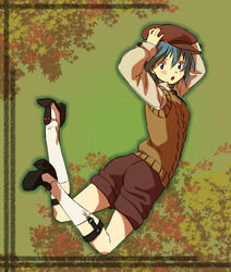  alternate_costume blue_eyes blue_hair cabbie_hat casual commentary_request female hat kabane_(follabi) looking_back mahou_shoujo_madoka_magica mahou_shoujo_madoka_magica_(anime) miki_sayaka short_hair shorts solo sweater_vest 