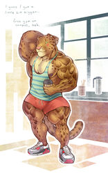  2014 anthro areola benji_(mainlion) beverage biceps big_muscles biped blush bottomwear bulge clothing clouded_leopard coffee countershading ear_piercing english_text felid footwear green_eyes hand_behind_head huge_muscles male mammal markings muscular muscular_anthro muscular_male nipples obliques one_eye_closed pantherine pecs piercing pink_nose purrcules_(artist) shirt shoes shorts solo spots tank_top text thick_thighs topwear vein veiny_muscles 