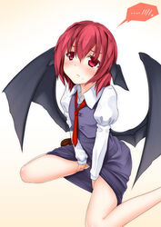  :&lt; alternate_hair_length alternate_hairstyle bat_wings between_legs blush commentary_request dress_shirt female hand_between_legs head_wings juliet_sleeves koakuma long_sleeves low_wings mari-itachidosi necktie puffy_sleeves red_eyes red_hair red_necktie shirt short_hair skirt skirt_set solo spoken_blush touhou vest white_shirt wings 