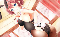  animal_ears asato_kasuga ass black_leotard blue_eyes bow bowtie braid brown_hair brown_pantyhose commentary_request cowboy_shot curtains detached_collar dutch_angle female from_behind girlfriend_(kari) girlfriend_note highres indoors leotard long_hair looking_at_viewer looking_back masa_(mirage77) pantyhose playboy_bunny rabbit_ears rabbit_tail red_bow red_bowtie solo strapless strapless_leotard tail window wrist_cuffs 