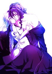  1boy asymmetrical_hair bare_shoulders black_necktie collarbone commentary_request dress female frilled_sleeves frills genderswap_(mtf) hairband hand_on_another&#039;s_chest hug kneeling kuroko_no_basuke kuroko_tetsuya long_hair long_sleeves looking_at_viewer mashibaya murasakibara_atsushi necktie off-shoulder_dress off_shoulder purple_dress purple_eyes purple_hair purple_hairband rule_63 shirt silver_hair simple_background sitting skirt white_background white_shirt white_skirt wide_sleeves 