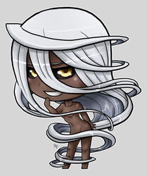  black_sclera breasts chibi dark_skin doppel_(monster_musume) doppelganger female hair_between_eyes henpendrips long_hair looking_at_viewer monster_girl monster_musume_no_iru_nichijou nude silver_hair small_breasts smile smirk teeth very_long_hair yellow_eyes 