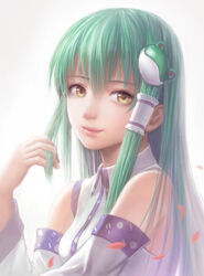  bare_shoulders breasts closed_mouth collared_shirt commentary_request detached_sleeves female frog_hair_ornament green_hair hair_between_eyes hair_ornament hair_tubes hand_in_own_hair hat kochiya_sanae lips long_hair looking_at_viewer petals photoshop_(medium) shirt sleeveless sleeveless_shirt small_breasts smile solo touhou yellow_eyes zhenlin 