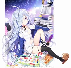  :o ahoge animal_slippers asymmetrical_legwear black_legwear black_ribbon blue_eyes blue_hair board_game book book_stack byulzzi commentary_request controller copyright_name doughnut eyes_visible_through_hair female food full_body game_controller hair_over_one_eye heterochromia ink_bottle jacket kneehighs long_hair miniskirt mismatched_legwear monopoly navel neck_ribbon official_art open_clothes open_jacket open_mouth pleated_skirt purple_eyes quill red_bull ribbon shoes single_kneehigh single_shoe single_sock single_thighhigh sitting skirt slippers socks striped_clothes striped_socks thighhighs thighs unleashed very_long_hair watermark white_legwear white_skirt 