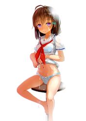  barefoot blue_bra blue_panties blush bow bow_panties bra braid brown_hair commentary_request female high_school_fleet miyabi_(miyabi) navel panties purple_eyes red_scarf scarf school_uniform serafuku shirt short_hair simple_background sitting smile solo uchida_mayumi underwear wet wet_clothes white_background white_shirt wringing_clothes yokosuka_girls_marine_high_school_uniform 