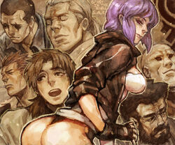  6+boys ass batou_(gits) beard boma_(gits) cigarette commentary_request facial_hair female fingerless_gloves from_behind ghost_in_the_shell ghost_in_the_shell_stand_alone_complex gloves ishikawa_(gits) kusanagi_motoko leotard looking_back multiple_boys paz_(gits) red_eyes ruushii saitou_(gits) scar togusa_(gits) 