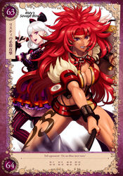  2girls armor belt belt_skirt bikini_armor bracelet breasts center_opening earrings eiwa hair_ornament hair_ribbon highres jewelry juliet_sleeves large_breasts long_hair long_sleeves midriff multiple_girls non-web_source open_mouth photoshop_(medium) puffy_sleeves purple_eyes queen&#039;s_blade queen&#039;s_blade_grimoire ribbon risty_(queen&#039;s_blade) shield smile snow_white snow_white_(queen&#039;s_blade) underwear weapon white_hair wilderness_bandit_risty 