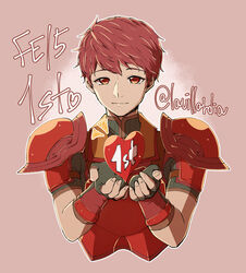  1boy armor artist_name brown_background commentary_request copyright_name fingerless_gloves fire_emblem fire_emblem_echoes:_shadows_of_valentia gloves heart highres lavillardia lukas_(fire_emblem) male_focus red_eyes red_hair simple_background solo 