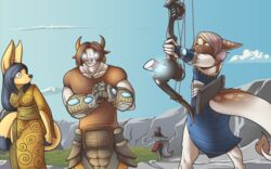  16:10 anthro armor black_hair blue_eyes bovid bovine bow_(weapon) breasts brown_body brown_fur brown_hair canid canine cattle clothed clothing cloud compound_bow detailed_background digital_media_(artwork) dipstick_tail dra&#039;essa female fenavi_montaro fennec_fox feretta fingerless_(marking) forest fox fur furgonomics gauntlets gloves glowing glowing_eyes grey_body grey_fur group hair handwear herm_(lore) hi_res holding_object holding_weapon horn male mammal markings meeka_rose mountain outside pink_eyes pink_hair plant ranged_weapon red_fox redevan_tauron shaded silver_fox sky tail tail_clothing tail_markings tale_of_tails tree true_fox vixavil_hayden wallpaper weapon white_body white_fur widescreen yellow_body yellow_fur 