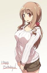  :d blush breasts brown_eyes brown_hair brown_shorts cleavage commentary female happy_birthday highres large_breasts long_hair looking_at_viewer matsumoto_yoriko mel_(melty_pot) open_mouth red_ribbon ribbon shorts simple_background smile solo sweater thick_eyebrows thighs tied_hair yuyushiki 