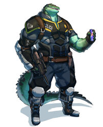  anthro armor belt beverage biceps biped body_armor clothed clothing crocodile crocodilian crocodylid electronics energy_drink fangs fully_clothed gun headgear headphones headset jacketbear leather leather_strap male muscular muscular_anthro muscular_male p90 police ranged_weapon reptile scalie simple_background solo standing straps submachine_gun teeth uniform weapon white_background 