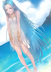  asdj bare_shoulders barefoot blue_eyes blue_hair blush bridal_gauntlets commentary covered_navel covered_nipples dress female granblue_fantasy highres long_hair looking_at_viewer lyria_(granblue_fantasy) no_panties ocean outdoors photoshop_(medium) pigeon-toed solo standing very_long_hair wading wet wet_clothes white_dress 