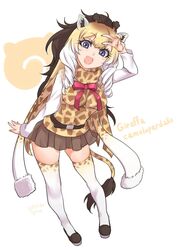  :d ajino_(sakanahen) animal_ears animal_print arm_at_side bad_anatomy belt blonde_hair blue_eyes bow bowtie breasts brown_belt brown_footwear brown_hair brown_skirt character_name commentary eyelashes female fingernails full_body fur_trim giraffe_ears giraffe_horns giraffe_print giraffe_tail gradient_clothes gradient_legwear gradient_scarf hand_up horns japari_symbol jpeg_artifacts kemono_friends long_hair long_sleeves looking_at_viewer medium_breasts multicolored_clothes multicolored_hair multicolored_legwear multicolored_scarf nail_polish neck_ribbon open_mouth orange_nails pigeon-toed pink_bow pink_bowtie pink_ribbon pleated_skirt print_scarf print_shirt print_thighhighs ribbon ringlets rothschild&#039;s_giraffe_(kemono_friends) scarf scientific_name shirt shoes sidelocks simple_background skirt smile solo standing tail tareme thighhighs v white_background white_hair white_scarf white_thighhighs zettai_ryouiki 