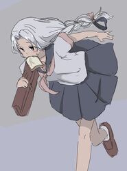  alternate_costume bad_id bad_twitter_id bag braid bread bread_slice contemporary cosplay female food food_in_mouth grey_eyes grey_hair late_for_school long_hair mouth_hold neckerchief oshouyu_tabetai running school_uniform serafuku short_sleeves skirt solo sweatdrop toast toast_in_mouth touhou unworn_headwear worried yagokoro_eirin 