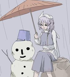  bad_id bad_twitter_id bucket bucket_on_head female grey_background hat holding holding_umbrella letty_whiterock object_on_head oil-paper_umbrella open_mouth oshouyu_tabetai purple_hair rain rock simple_background skirt skirt_set snow snowman solo stick touhou umbrella vest 