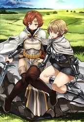  2girls arisen_(dragon&#039;s_dogma) armor bad_id bad_pixiv_id bare_legs belt blonde_hair blue_eyes boots breastplate breasts cape chainmail circlet cov-r dragon&#039;s_dogma dragon&#039;s_dogma_(series) field gauntlets green_eyes horizon knees_together_feet_apart large_breasts multiple_girls pawn_(dragon&#039;s_dogma) pointy_ears pouch red_hair rock short_hair sitting sword tabard thigh_boots thighhighs weapon 