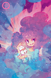  artist_name barachan bee_(bee_and_puppycat) bee_and_puppycat bell crystal female floating floating_object glowing jingle_bell long_hair long_sleeves looking_at_viewer official_art open_mouth puppycat purple_eyes purple_hair smile solo sparkle 