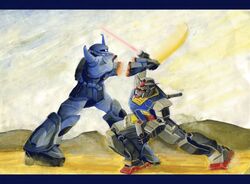  akahige_322-gou battle energy_sword gouf gundam mecha mobile_suit_gundam no_humans rx-78-2 sword weapon 