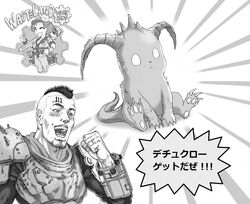  1boy :&lt; armor beard commentary deathclaw facial_hair fallout_(series) fallout_4 female greyscale harahachibu_ajinosuke horns mohawk monochrome pip_boy pokemon pokemon_(creature) sole_survivor_(male) translated 