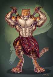  2012 abs anthro areola armpit_hair big_muscles body_hair clothed clothing felid flexing huge_muscles hyper hyper_muscles kukri male mammal muscular muscular_anthro muscular_male nipples pantherine partially_clothed purrcules_(artist) raised_arm red_sarong sarong siberian_tiger solo tiger 