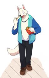  2017 anthro canid canine canis clothing domestic_dog food male mammal manmosu_marimo open_mouth simple_background solo standing white_background white_canine_(marimo) 