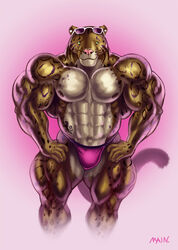  2012 abs anthro areola benji_(mainlion) big_muscles bulge clothed clothing clouded_leopard countershading ear_piercing eyewear felid green_eyes huge_muscles hyper hyper_muscles jockstrap male mammal muscular muscular_anthro muscular_male nipples pantherine partially_clothed piercing purrcules_(artist) smile solo sunglasses tattoo underwear 