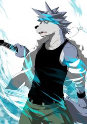  2015 abs anthro athletic aura biceps big_muscles biped black_nose blue_aura bottomwear canid canine canis clothed clothing digital_media_(artwork) dog_tags domestic_dog fully_clothed fur grey_body grey_fur grey_hair guitar hair hi_res husky jewelry kouya_(morenatsu) looking_at_viewer male mammal morenatsu muscular muscular_anthro muscular_male musical_instrument necklace nordic_sled_dog pants pecs plucked_string_instrument pose rotton shirt solo spitz standing string_instrument sweatband tank_top teeth topwear white_body white_fur wristband yellow_eyes 