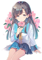  bad_id bad_pixiv_id blue_sailor_collar blue_skirt blush braid brown_hair closed_mouth commentary_request female flower grey_eyes hair_flower hair_ornament highres holding holding_flower idolmaster idolmaster_cinderella_girls kobayakawa_sae long_hair long_sleeves neck_ribbon pink_flower pleated_skirt ribbon sailor_collar school_uniform serafuku shirt simple_background skirt sleeves_past_wrists smile solo ultone_(neisiss) very_long_hair white_background white_shirt yellow_ribbon 