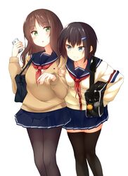  2girls arm_grab bag black_hair blush brown_hair cardigan cellphone commentary_request green_eyes highres kuroneko_shiro long_hair multiple_girls original pantyhose phone school_bag school_uniform serafuku skirt smartphone smile sweater thighhighs 