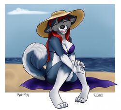  anthro beach bikini canid canine canis clothing detailed_background digital_media_(artwork) domestic_dog ear_piercing facial_piercing female fluffy hat headgear headwear husky katherine lip_piercing mammal nordic_sled_dog oli_snowpaw on_towel outside piercing purple_bikini purple_clothing purple_swimwear sand seaside shaded sky snakebite_piercing solo spitz sun_hat swimwear towel tropical water 