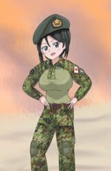  absurdres beret black_hair breasts chouno_ami combat_shirt commentary_request desert female girls_und_panzer hat highres ideshin japan_ground_self-defense_force japan_self-defense_force japanese_flag large_breasts military military_uniform short_hair tactical_clothes uniform 