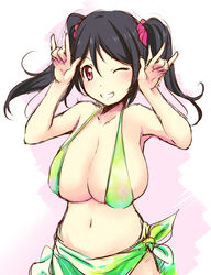  alternate_breast_size bare_shoulders bikini black_hair blush breasts bursting_breasts cleavage collarbone commentary_request female gradient_background green_bikini hair_between_eyes halterneck highres huge_breasts katori_(mocchidou) long_hair looking_at_viewer love_live! love_live!_school_idol_project navel nico_nico_nii one_eye_closed red_eyes sarong scrunchie smile solo stomach swimsuit twintails yazawa_nico 