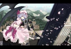  bow clock clock_tower commentary_request dress female frills hat hat_bow highres koko letterboxed mountain open_mouth petals pink_dress pink_eyes purple_hair remilia_scarlet ribbon short_hair sitting solo touhou tower wings 