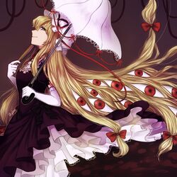  blonde_hair bow commentary dress elbow_gloves female folding_fan frilled_dress frills gloves hairbow hand_fan hat illynda layered_dress long_dress long_hair mob_cap parasol smile touhou umbrella very_long_hair yakumo_yukari 