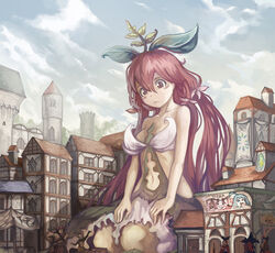  anna_(granblue_fantasy) bare_shoulders blush_stickers building cagliostro_(granblue_fantasy) castle clarisse_(granblue_fantasy) cloud commentary_request day elsam_(granblue_fantasy) frown giant giantess granblue_fantasy half-timbered long_hair lyria_(granblue_fantasy) monster_girl navel outdoors photoshop_(medium) plant_girl red_eyes red_hair seiza sitting size_difference sky solo_focus vira_(granblue_fantasy) vyrn_(granblue_fantasy) yggdrasil_(granblue_fantasy) yilx 