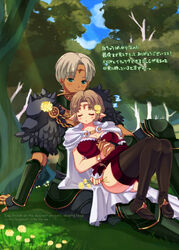  2girls arisen_(dragon&#039;s_dogma) armor black_legwear blush boots bracelet bracer breasts brown_hair cape circlet cleavage commentary_request couple dark-skinned_female dark_skin dragon&#039;s_dogma dragon&#039;s_dogma_(series) earrings elbow_gloves fingerless_gloves forehead_jewel forest gloves grey_hair height_difference impossible_clothes interlocked_fingers jewelry large_breasts multiple_girls nanakichi nature pauldrons pawn_(dragon&#039;s_dogma) photoshop_(medium) pointy_ears shoulder_armor single_elbow_glove sitting sitting_on_lap sitting_on_person sleeping sleeping_upright smile thigh_boots thighhighs translation_request yuri zzz 