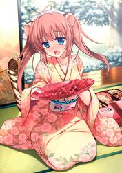  absurdres alcohol animal_ears blue_eyes blush breasts brown_hair bush collarbone cropped cup day female fingernails floral_print food fusuma grass hair_ornament hair_ribbon head_tilt highres holding holding_cup indoors japanese_clothes kimono long_fingernails long_hair long_sleeves looking_at_viewer medium_breasts misakura_nankotsu non-web_source obi oerba_yun_fang open_mouth original ribbon sakazuki sake sash scan seiza sitting sliding_doors solo sunlight sweatdrop tail tatami tiger_ears tiger_girl tiger_tail toranoana tree twintails veranda wide_sleeves yellow_ribbon yukata 