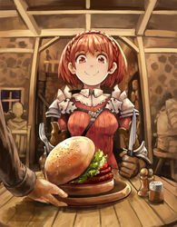  armor between_breasts breasts burger commentary fantasy female food fork gloves holding holding_fork holding_knife knife kurio looking_down original pauldrons red_eyes red_hair short_hair shoulder_armor smile solo_focus strap_between_breasts table tavern 