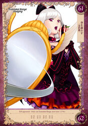  apple earrings eiwa female food fruit hair_ornament hair_ribbon highres jewelry juliet_sleeves long_hair long_sleeves non-web_source open_mouth photoshop_(medium) puffy_sleeves purple_eyes queen&#039;s_blade queen&#039;s_blade_grimoire ribbon snow_white snow_white_(queen&#039;s_blade) solo white_background white_hair 