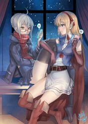  2girls ahoge arisa_(shadowverse) artist_name artoria_pendragon_(fate) asdj belt black_footwear black_thighhighs blonde_hair blush boots brown_footwear brown_legwear cape cellphone coat commentary dress elbow_gloves english_commentary eye_contact fate/grand_order fate_(series) glasses gloves granblue_fantasy green_eyes heart highres knee_boots long_hair looking_at_another multiple_girls mysterious_heroine_x_alter_(fate) mysterious_heroine_x_alter_(first_ascension)_(fate) phone photoshop_(medium) plaid plaid_scarf pleated_skirt pointy_ears scarf school_uniform serafuku shadowverse sitting skirt smartphone smile snowing thigh_boots thighhighs thighs window yellow_eyes yuri 